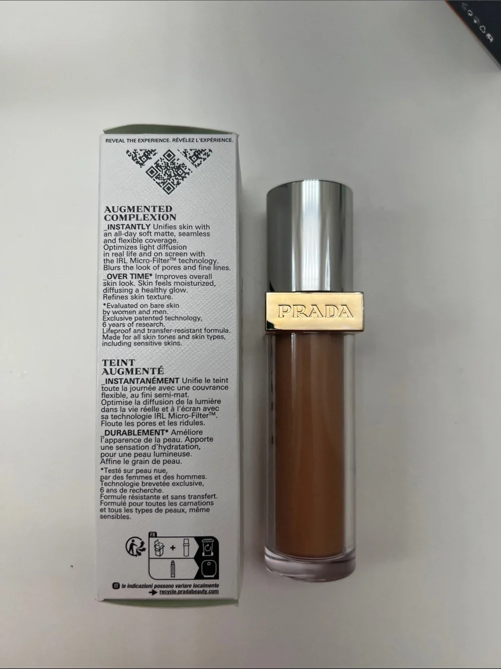PRADA REVEAL skin optimizing foundation Lactobacillus, niacinamide, Vit E, MN55